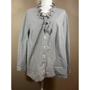 Talbots Women’s Blue White Pinstripe Ruffle Collar Button Front Blouse Size 1X